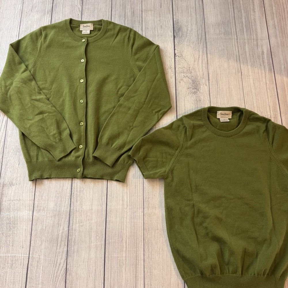 Neiman Marcus Cashmere 2 Piece Sweater Set Women's S Green Scotland Cardigan Top